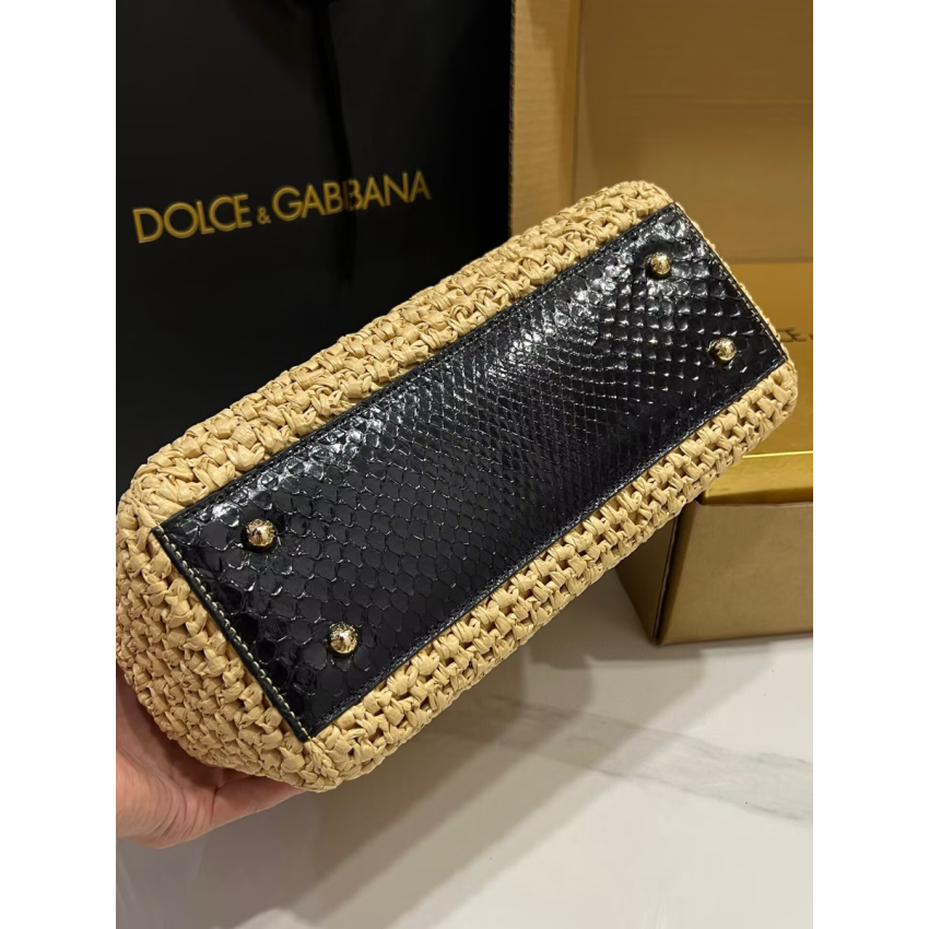 Dolce Gabbana Large Sicily Handbag in crochet raffia and python skin