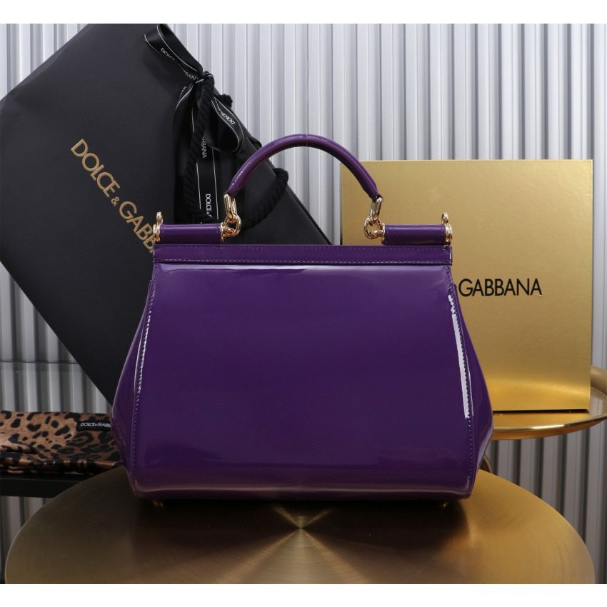 Dolce Gabbana Large Sicily Handbag in Polished Calfskin-Purple