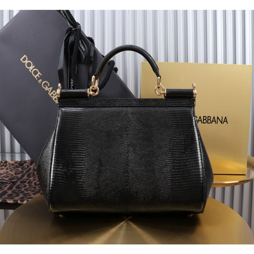 Dolce Gabbana Large Sicily Handbag in black iguana-print calfskin