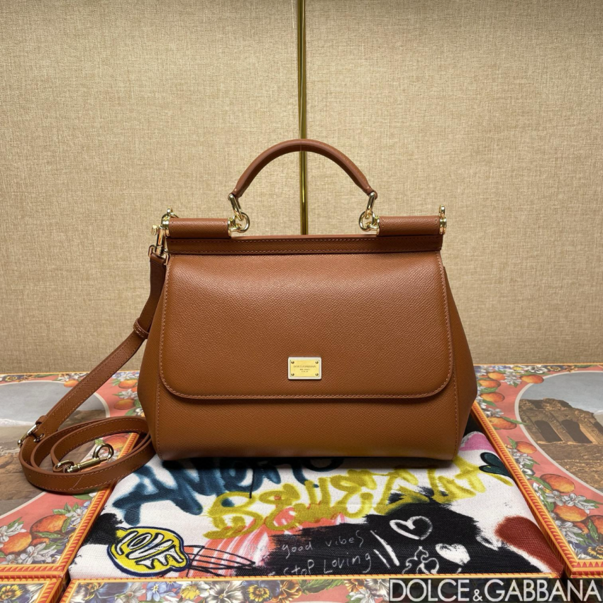 Dolce Gabbana Large Sicily Handbag in Dauphine leather-Brown